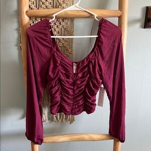 Red Ruched Crop Blouse with Long Sleeves